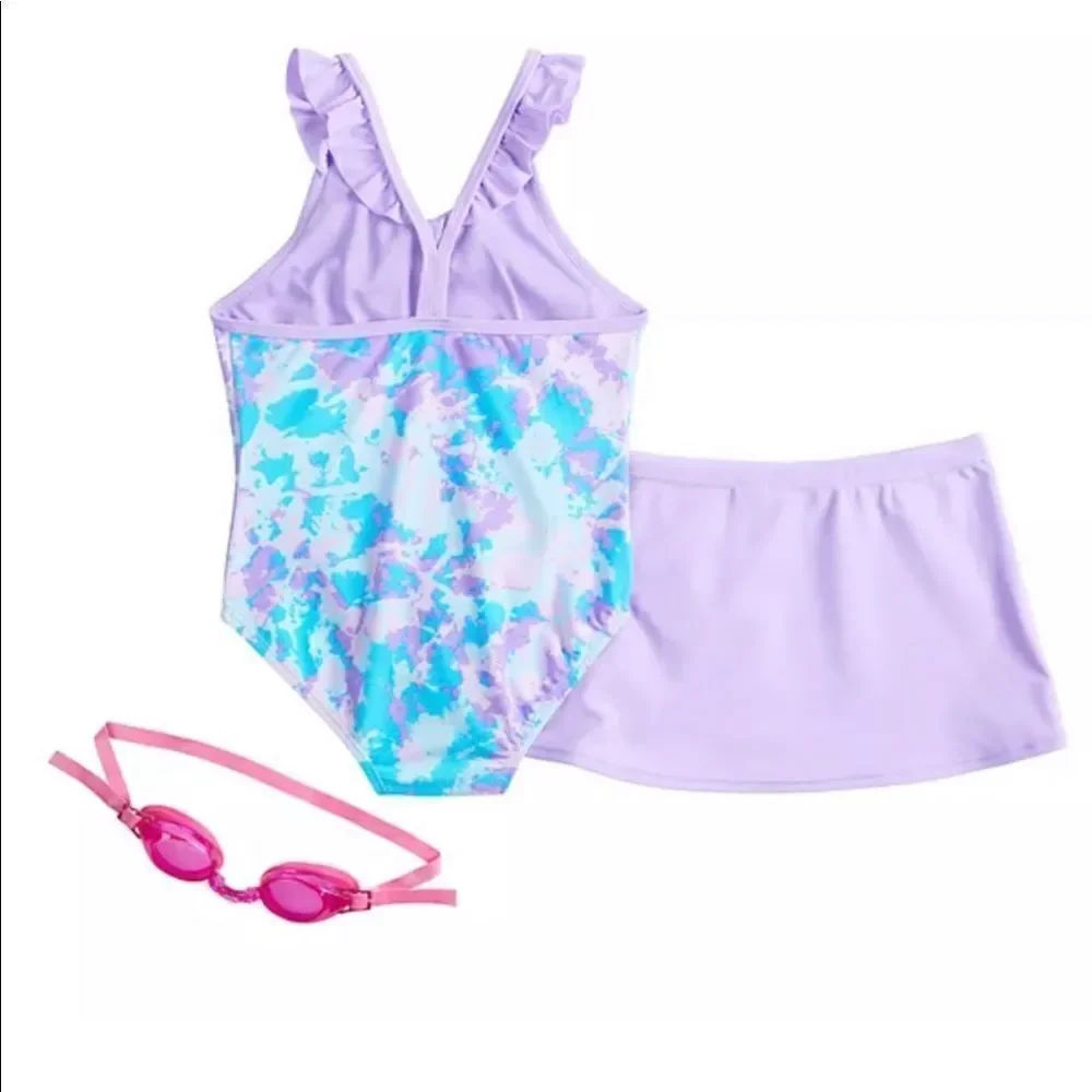 ZEROXPOSUR Girl’s Print One-Piece & Cover-Up Skirt Swimsuit with Goggles
